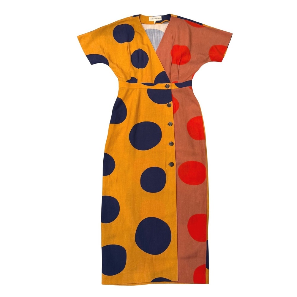 Mara Hoffman Amrita  Dress Size 8 Penny Dot Colorblock Linen Polka Dot Midi EUC